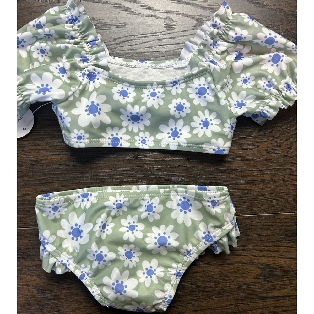 Wonder Nation 2 Peice Swimsuit Girls 18 Months Green Daisy - Picture 3 of 5